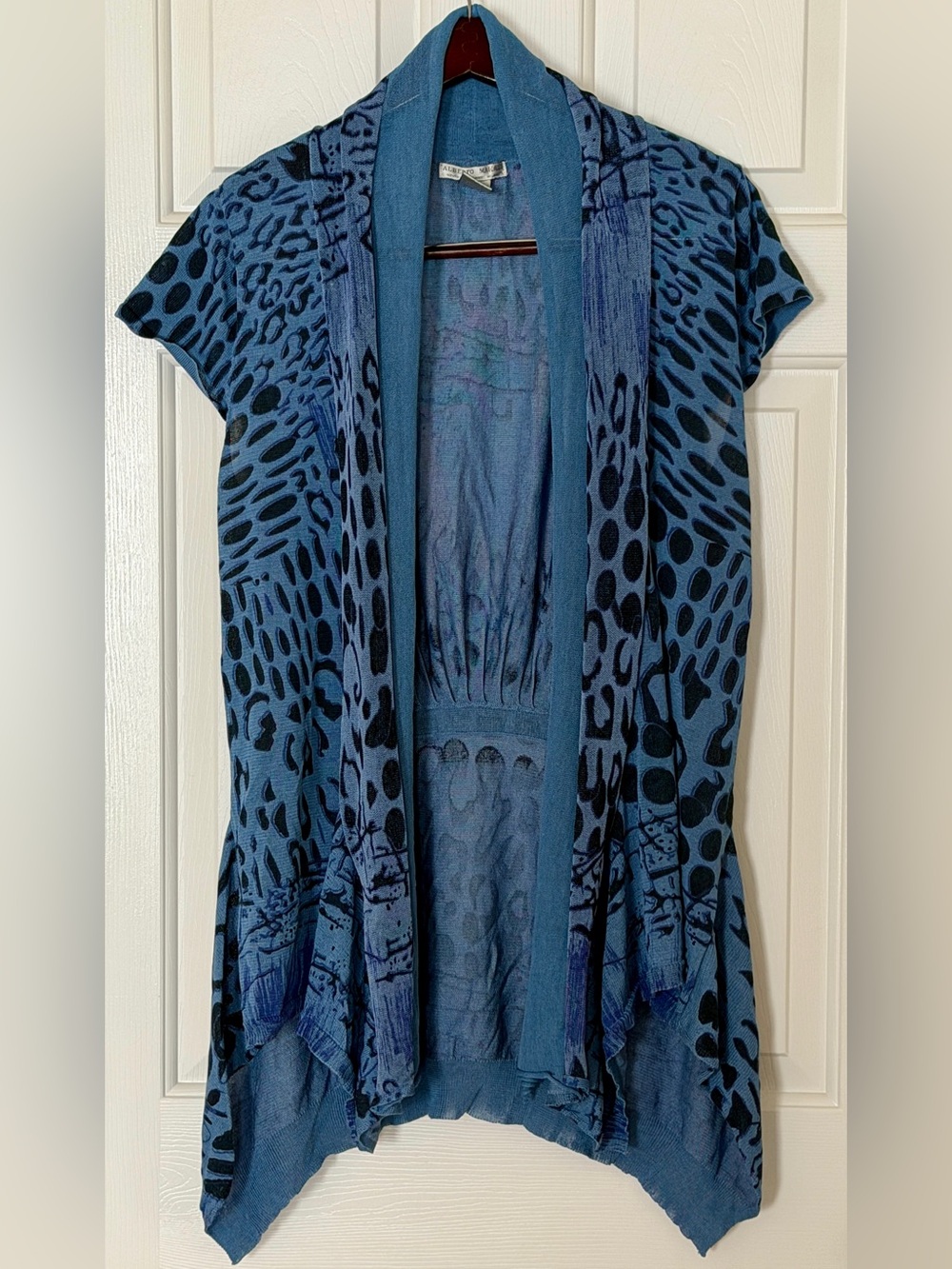Albert Makali XL Blue Animal Print Open Front Duster Cardigan Artsy Boho